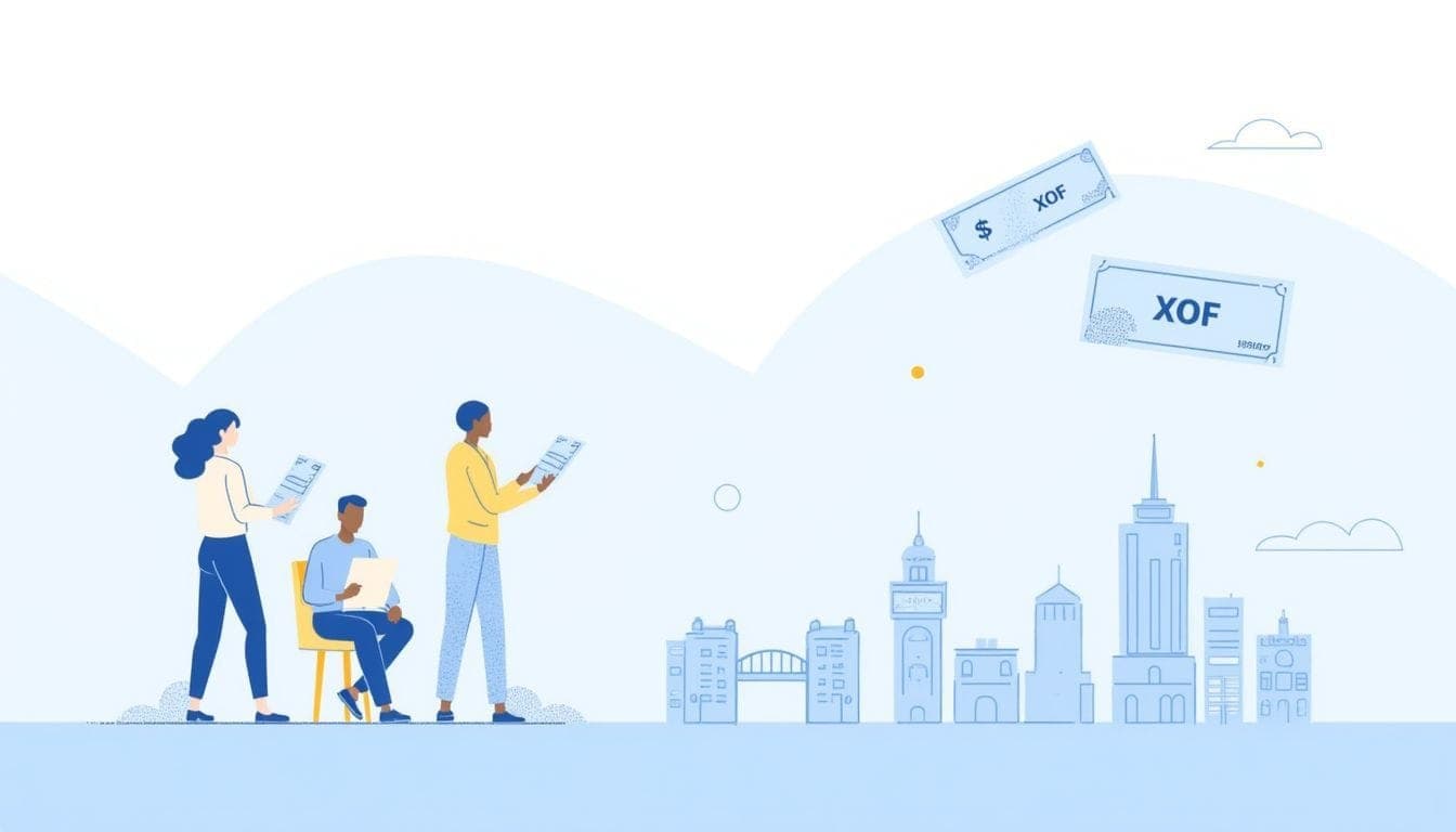 Hero image for a blog about payroll in Senegal: Dakar skyline and business district with HR professionals reviewing payslips, XOF currency symbols, and compliance icons (OHADA, UEMOA). Clean, modern, ...