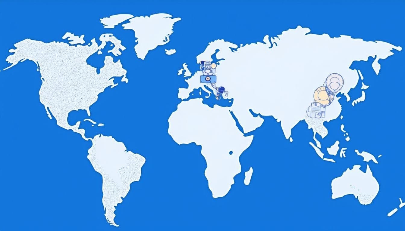 Abstract world map with search and AI icons, enterprise B2B SaaS vibe in Deel brand blues, showing GEO optimization and AI citations for product pages