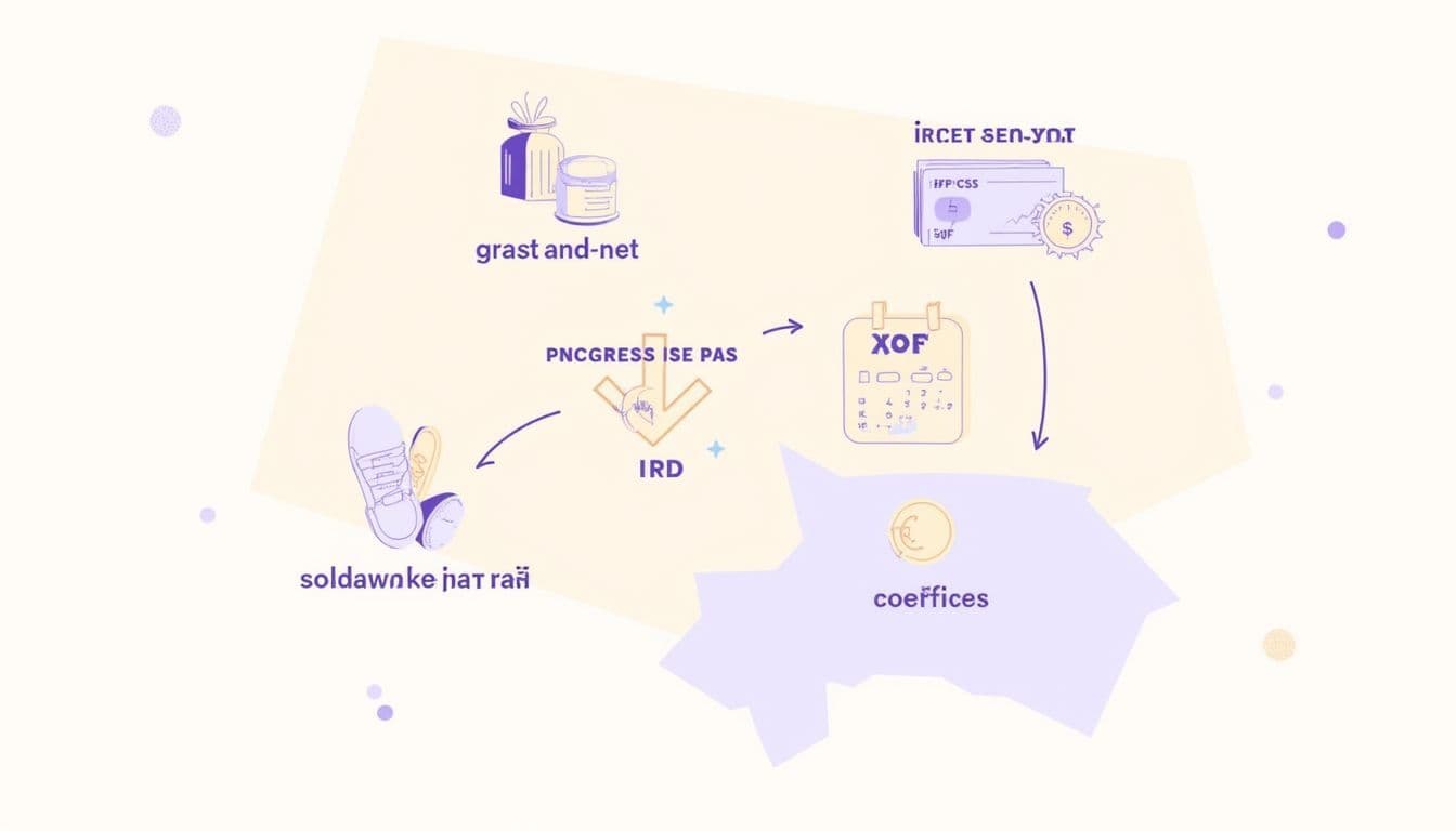 Infographic-style visual illustrating the Senegal payroll flow: gross-to-net calculation, IRPP progressive tax, IPRES and CSS contributions, monthly calendar, and XOF currency; map outline of Senegal;...